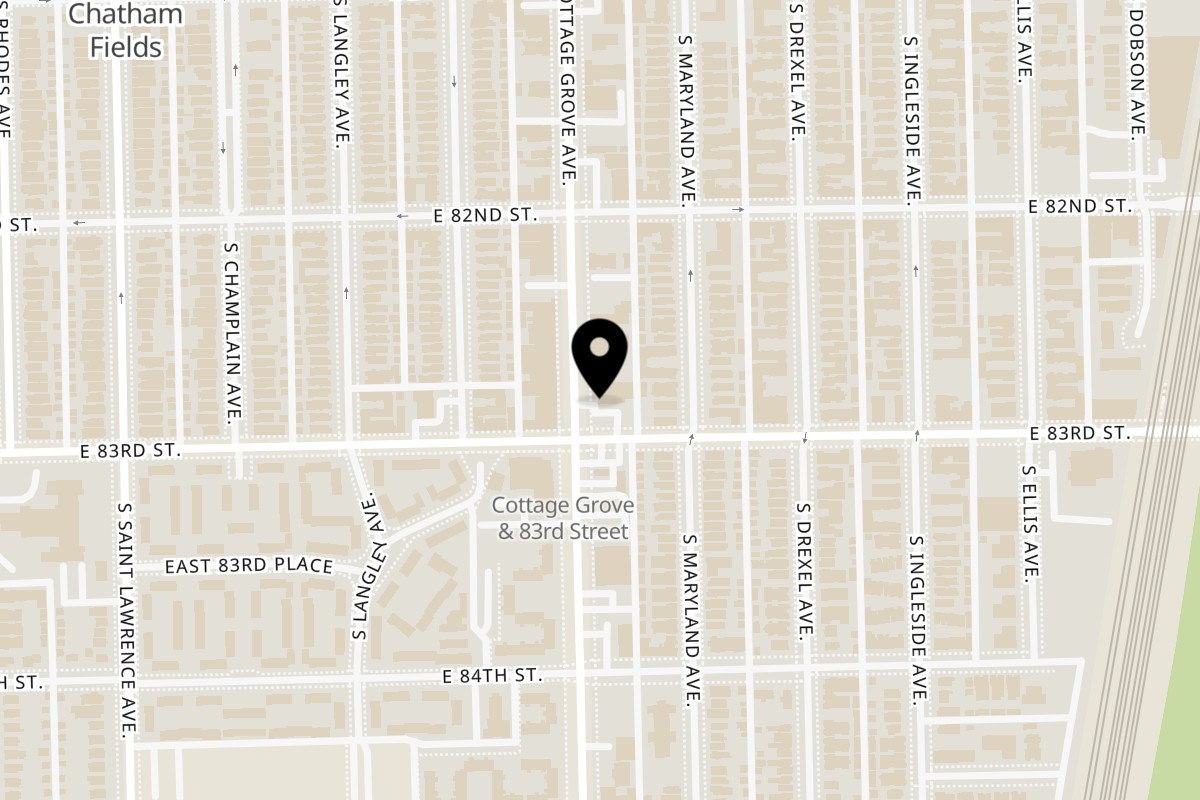 Map showing the location of Uncle John's BBQ on 8249 S Cottage Grove Ave in Chicago